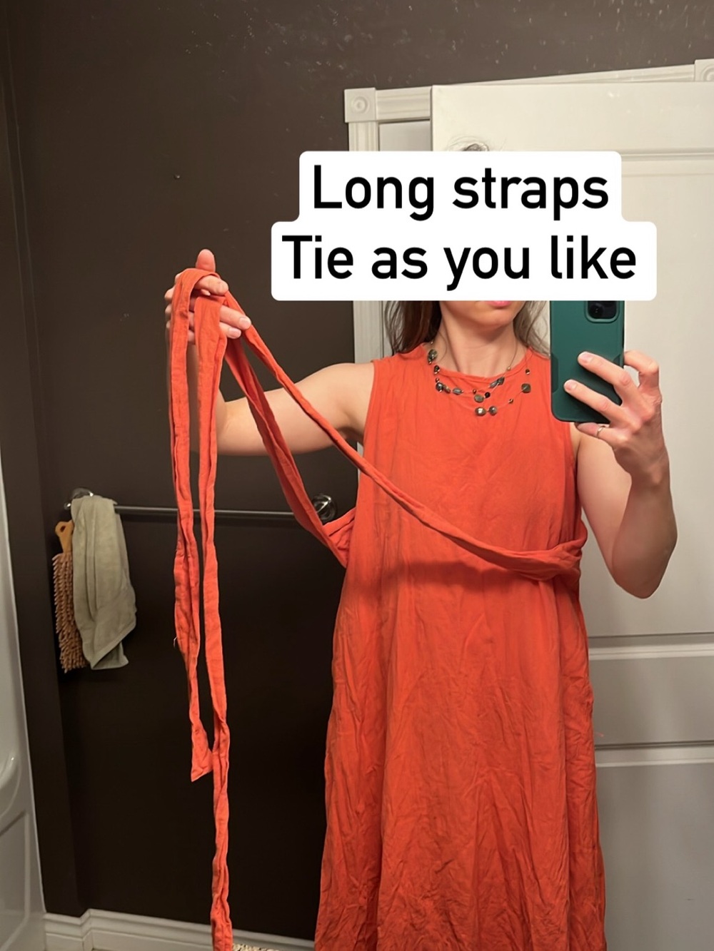 Women's Sleeveless 100% Cotton Tie-Waist crew neck long maxi dress in Yam Orange - Picture 2 of 16